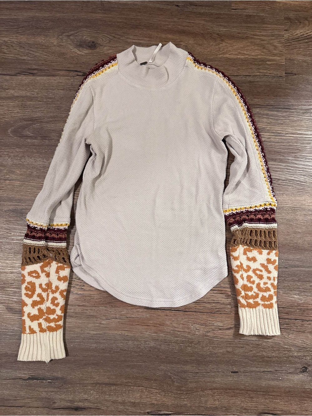 Free People Cream Waffle Knit Top with Patterned Mixed-Color Sleeves